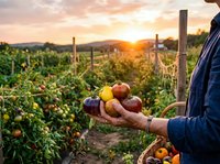 Farmer holding freshly harvested tomatoes in vineyard at sunset, showcasing organic produce and agricultural harvest for farming, gardening and food production concepts.