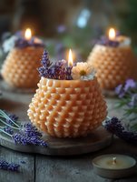 Decorative beeswax candles with honeycomb pattern adorned with fresh lavender sprigs and dried flowers create cozy atmospheric lighting on wooden surface.