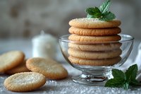 Stack of delicate butter cookies garnished with fresh mint leaves in glass dessert bowl, scattered sugar crystals and cookies on rustic surface, soft focus.