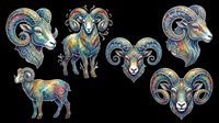 Colorful ornate ram and sheep clipart set with decorative swirls, isolated on transparent background. Great for zodiac, astrology, t-shirt design, stickers, and print on demand.