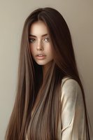 Young woman with long straight brown hair wearing cream sweater against neutral background, natural makeup and soft lighting create elegant portrait.