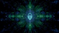 Glowing padlock symbol surrounded by radiating green and blue digital particles in dark space, representing cybersecurity and data protection concepts.