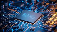 Close-up of computer processor chip with SEO text on circuit board with glowing blue and orange electronic pathways for digital marketing technology concepts.