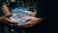 Elderly hands cupping glowing digital network connections representing technology protection, cybersecurity, and data management in modern digital age.