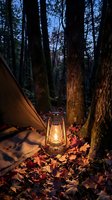 Vintage oil lantern glowing warmly beside camping tent in autumn forest at dusk with fallen leaves scattered on ground creating cozy outdoor adventure atmosphere.