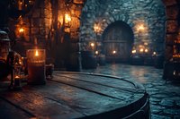 Atmospheric medieval tavern interior with glowing candles on wooden barrel table, stone walls and arches illuminated by warm torch light in dark castle dungeon.