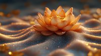 Glowing orange lotus flower on shimmering waves with magical sparkles and golden light effects, creating dreamy spiritual atmosphere for meditation and wellness.
