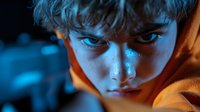 Close-up portrait of young Asian male with intense gaze in dramatic blue and orange lighting, creating moody atmospheric effect for creative projects.