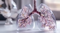 Glass model of human lungs with pink cherry blossom branches inside representing respiratory system and breath of life, medical education concept on light background.