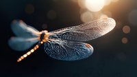 Dragonfly with translucent wings illuminated by golden sunlight against dark background with bokeh effect, macro nature photography showing delicate wing details.