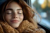 Young woman with closed eyes wearing cozy knit scarf enjoying peaceful moment by window. Serene expression shows relaxation and contentment in warm autumn light.