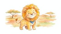 Cute cartoon lion cub with blue bandana in African savanna landscape with acacia trees. Watercolor style illustration for children's books and designs.