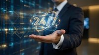 Businessman holding glowing 24/7 customer service symbol with digital network background for continuous support and availability concepts.