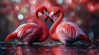 Two pink flamingos forming heart shape with necks, romantic wildlife scene with bokeh lights background for Valentine's Day cards and love concepts.