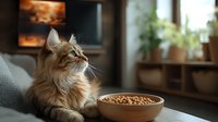 Fluffy brown tabby Maine Coon cat sitting near ceramic bowl with dry food at home, soft natural window lighting creates cozy atmosphere for pet photography.