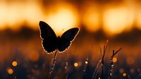 Silhouette of butterfly against golden sunset bokeh background with dewdrops on grass stalks creating magical nature atmosphere at dusk.