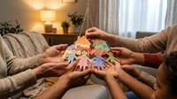 Multigenerational family holding colorful paper cutout figures together indoors, representing unity, togetherness and bonding during quality time at home.
