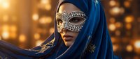 Woman in ornate silver mask and blue hijab with golden bokeh lights creating mysterious elegant atmosphere for luxury fashion concepts.