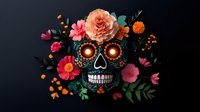 Decorative sugar skull with glowing eyes adorned by pink roses, orange marigolds and green foliage on black background, Day of the Dead celebration art.