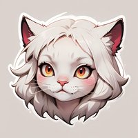 Cute white cat character with fluffy mane, orange eyes and pink blush marks on isolated background. Stylized anime-inspired mascot design for stickers and merchandise.