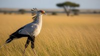 Secretary bird walking through golden grassland savanna with acacia tree in background during golden hour wildlife photography.