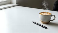 Steaming coffee cup with latte art on white desk next to black pen in minimalist workspace setting for morning productivity and business concepts.
