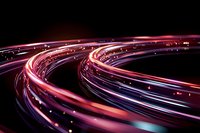 Abstract curved light trails in motion against dark background, glowing red and purple streaks creating dynamic flowing lines with sparkles and bokeh effects.