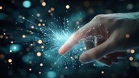 Human finger touching glowing digital point with light burst effect and bokeh particles against dark background, representing artificial intelligence connection.