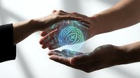 Hands protecting glowing digital brain hologram symbolizing artificial intelligence, mental health care, innovation and technology collaboration concept.