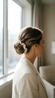 Young woman with elegant low bun hairstyle secured with hair clips wearing cream blazer by window in natural light for professional styling concepts.