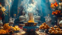 Burning incense sticks in ornate bowl with smoke rising, surrounded by oranges and autumn leaves in warm sunlit temple setting for meditation and spirituality.