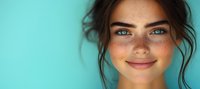 Young woman with natural freckles and bright blue eyes smiling warmly against turquoise background, messy updo hairstyle and minimal makeup for authentic beauty concept.