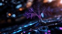 Mystical glowing tree with purple branches against dark background with bokeh lights, creating magical atmosphere for fantasy or spiritual designs.