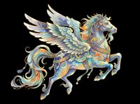 Ornate winged horse pegasus in blue and gold tones, isolated on transparent background, ready for t-shirt design, stickers, sublimation, and print on demand.