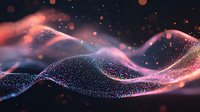 Abstract flowing wave of glowing particles with pink and blue light effects on dark background, dynamic digital art motion visualization.