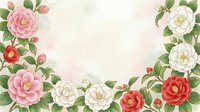 Watercolor camellia flowers frame in pink, red and white with green leaves on soft pastel background, copy space for text.
