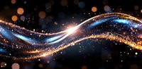 Magical glowing wave with sparkles and light trails on dark background, flowing energy stream with golden and blue particles creating dynamic motion effect.