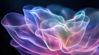 Ethereal abstract waves in purple, pink and blue colors creating flowing light trails against dark background, glowing translucent shapes for modern design projects.