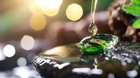 Macro shot of green liquid droplet falling with bokeh light effects in background, creating artistic water surface tension and reflection. For creative photography.