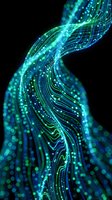Abstract digital wave with glowing cyan and green particles flowing in curved lines against black background, representing data stream, technology, innovation, and digital transformation for tech concepts.