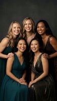 Five diverse women in elegant evening gowns smiling together in group portrait against dark background for celebration events and friendship concepts.
