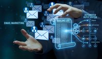 Digital marketing automation concept with hands managing email campaigns and mailing lists through futuristic holographic interface technology.