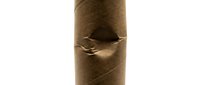 Damaged brown cardboard tube with torn paper surface showing wear and tear on white background isolated for design projects.