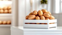 Fresh raw potatoes in white wooden crate on kitchen counter, bright natural lighting creates soft shadows. Clean minimalist food photography for cooking blogs.