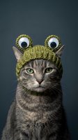 Adorable tabby cat wearing green knitted frog hat with googly eyes against dark background for pet costume and humor concepts.