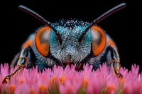Macro shot of a bee with striking orange compound eyes and fuzzy body collecting pollen from vibrant pink flowers against dark background. Suitable for nature, wildlife, and educational content.