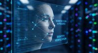 Futuristic biometric facial recognition system with digital grid overlay showing identity verification process on holographic display in cybersecurity environment.