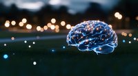 Glowing translucent brain floating over dark grass field with bokeh lights in background, representing artificial intelligence, consciousness and mind power.