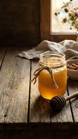 Golden honey jar with wooden dipper on rustic table near window with natural sunlight creating warm cozy kitchen atmosphere for organic food photography.