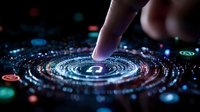 Human finger touching glowing digital spiral interface with data particles and holographic elements on dark background for technology concepts.
